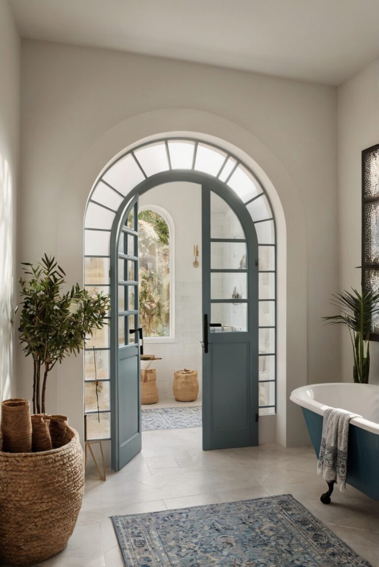 Mediterranean bathroom design, Mediterranean style doors, Bathroom renovation ideas, Arched door design, Bathroom interior design, Mediterranean home decor, Interior arched doors.