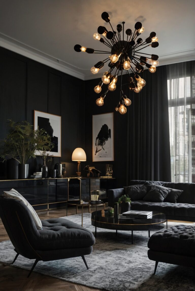 Stylish black furniture, modern living room ideas, contemporary decor, luxury home design, sleek interior design