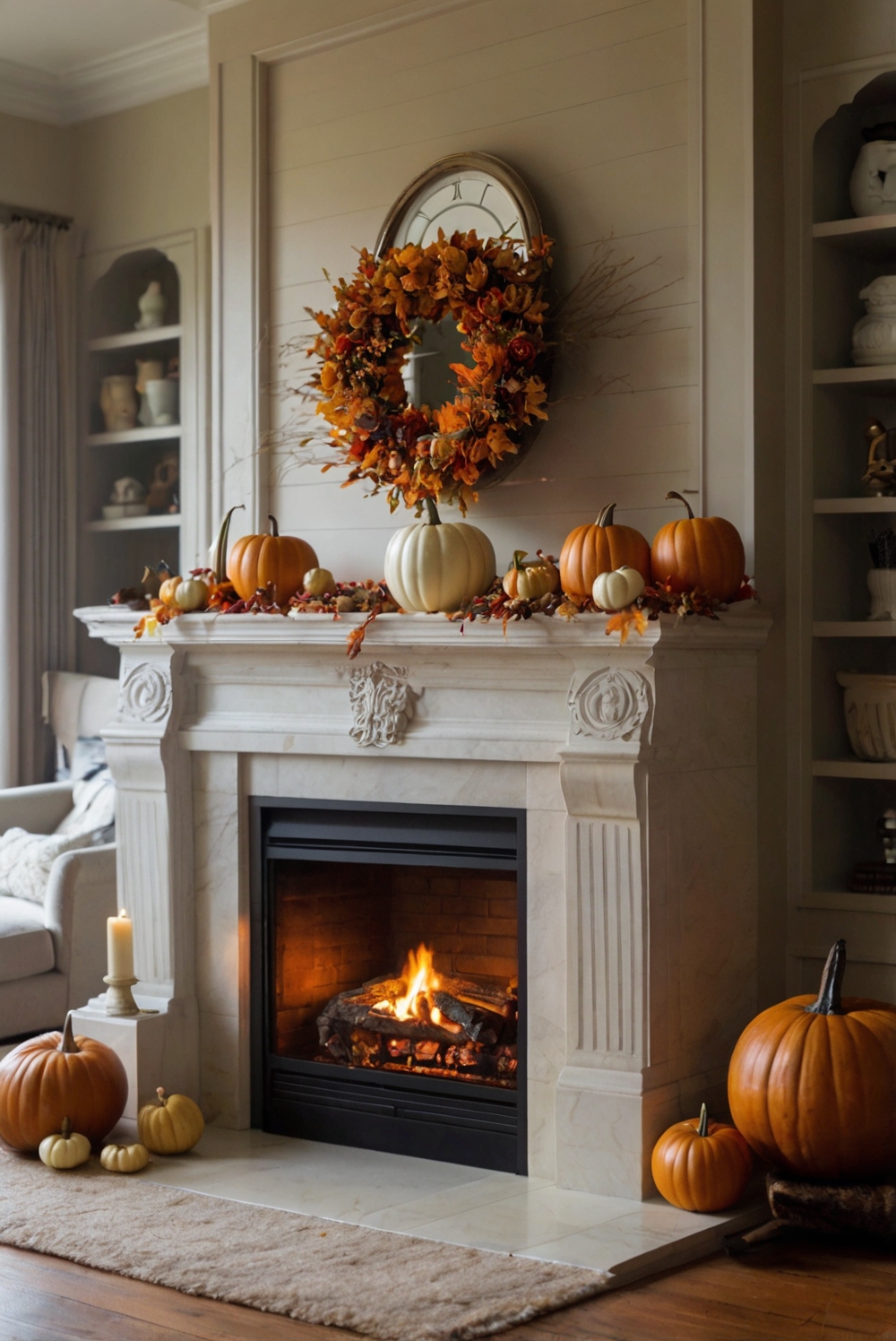 Fall Mantel Decor, Autumn Fireplace Mantle, Cozy Fire Pit Design, Warm Hearth Decoration, Elegant Fireplace Surround