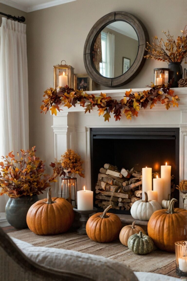 Fall mantel decor, Autumn mantle ideas, Seasonal fireplace decorations, Harvest home decor, Fall hearth designs