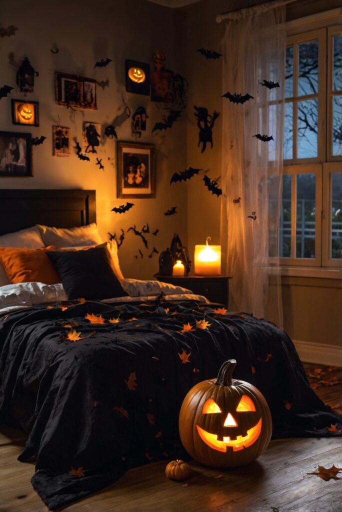 Halloween bedroom decor, Halloween room decorating ideas, spooky bedroom decor, haunted bedroom design, ghostly bedroom decorations