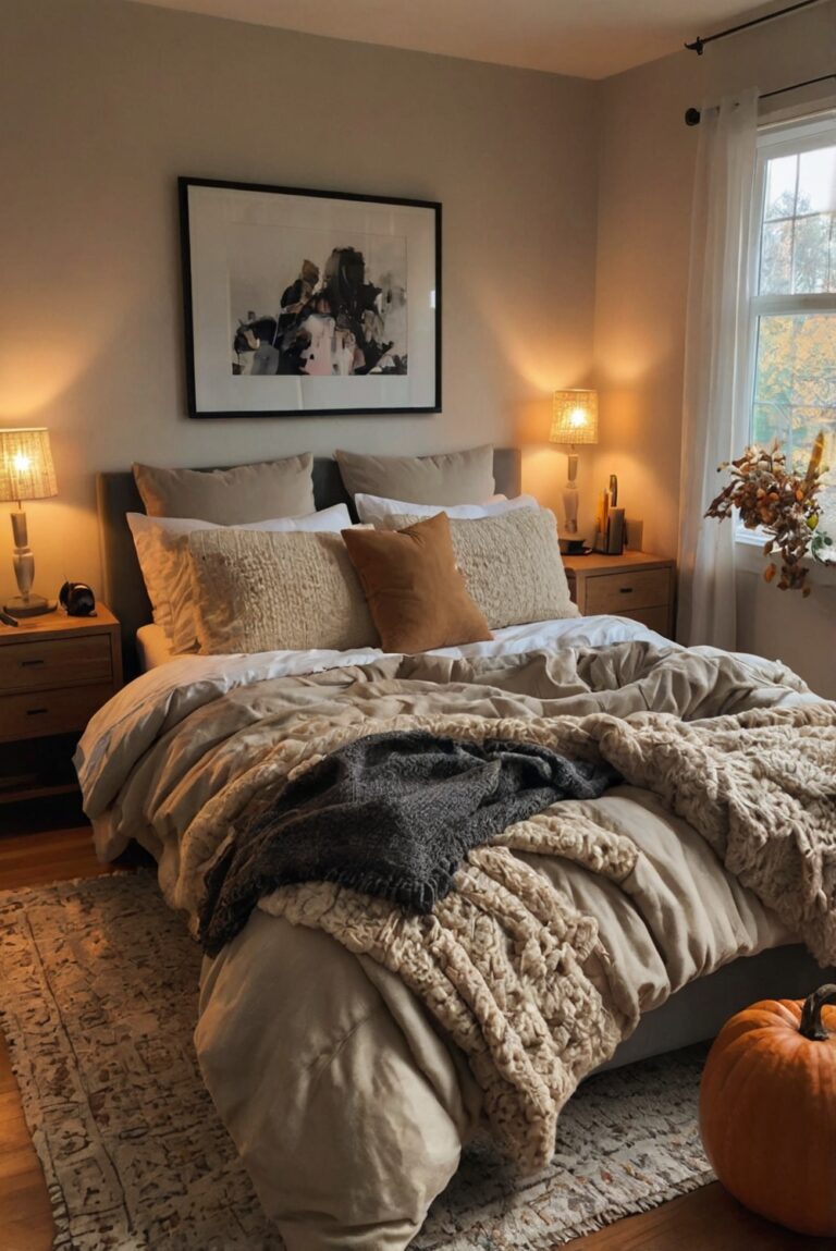 bedroom decor, cozy bedding, fall pillows, warm blankets, autumn ambiance