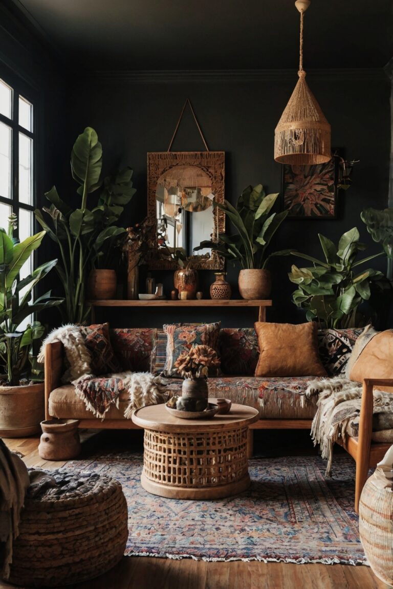 boho living room design, bohemian decor ideas, dark living room inspiration, boho interior trends, eclectic living room décor