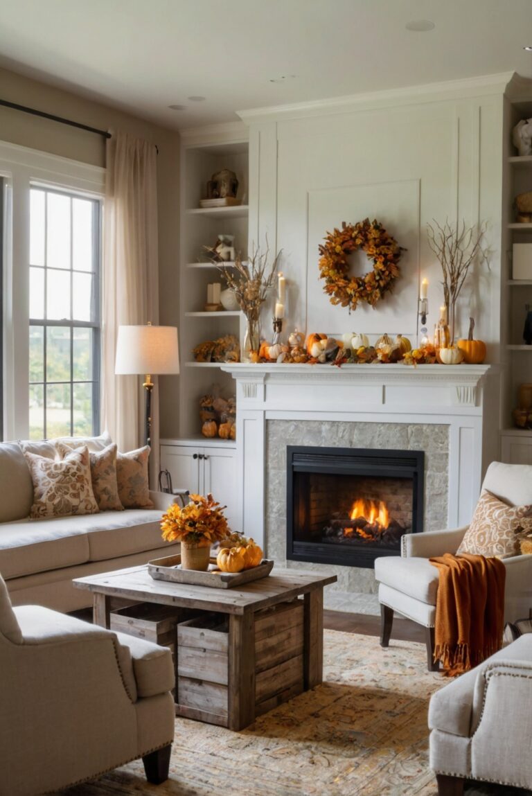 Stylish fall decor, Interior design, Home accents, Cozy living room, Seasonal decorations