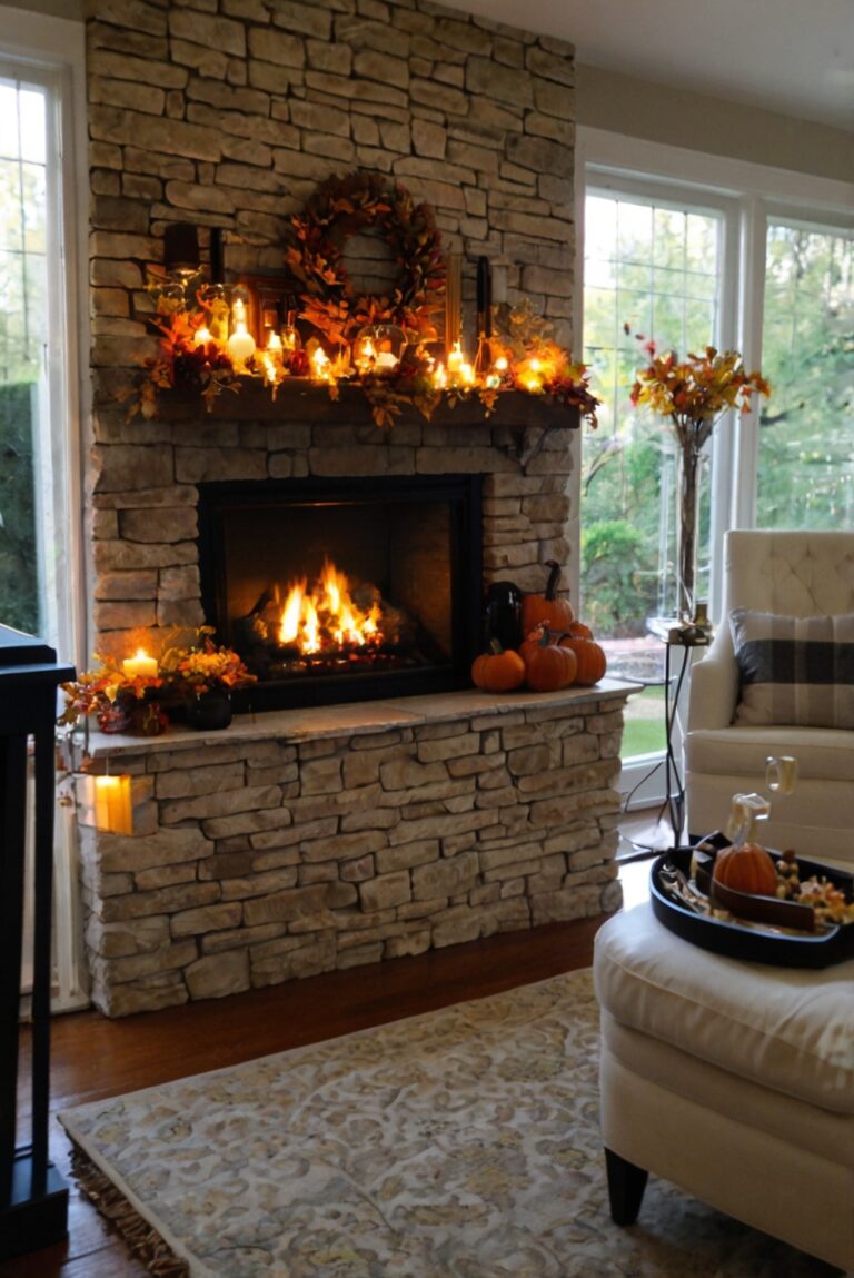 fall home decor, seasonal fireplace decor, elegant mantle designs, autumn living room accessories, luxury hearth decorations