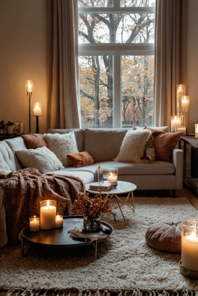 Stylish living room decor, Fall home renovation, Interior design trends, Cozy autumn decorations, Seasonal living room updates