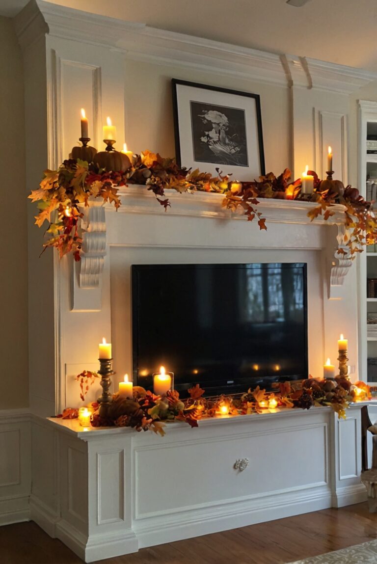 Fall mantle decor ideas, Fall mantle decor inspiration, Fall mantle TV decor, Mantle decorating with TV, TV mantle decor ideas