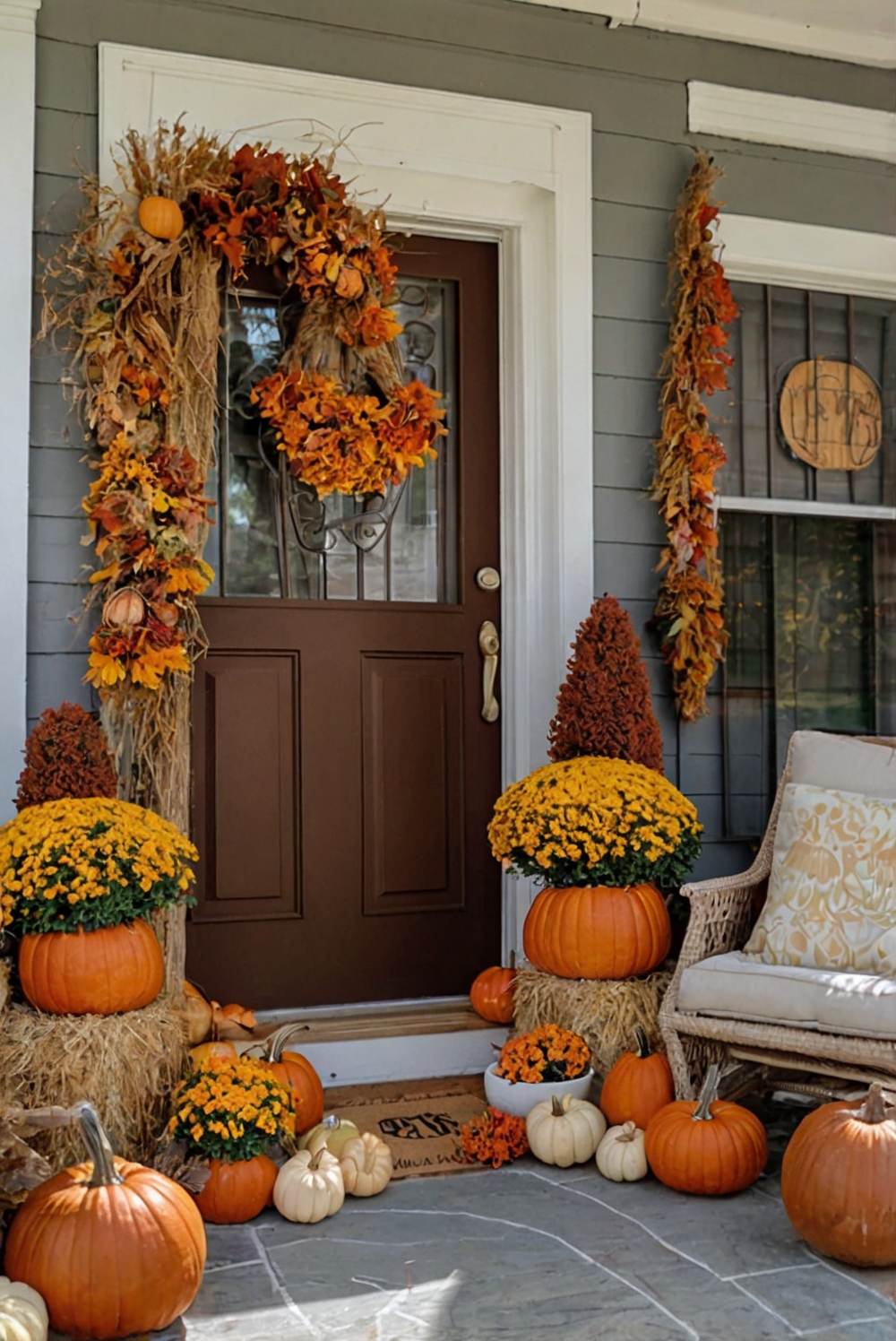 Fall porch decor, Autumn outdoor decoration, Front porch fall design, Rustic fall porch, Harvest porch display