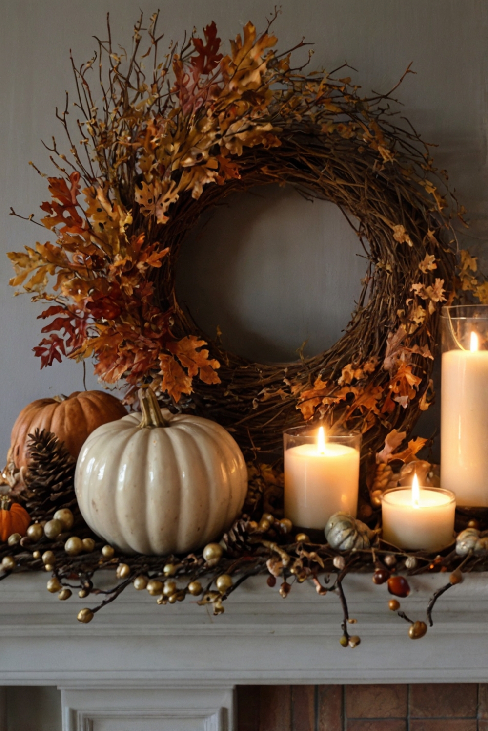 Fall mantel decor, Autumn fireplace decorations, Homey fall mantle ideas, Cozy autumn hearth decor, Rustic fall mantle display