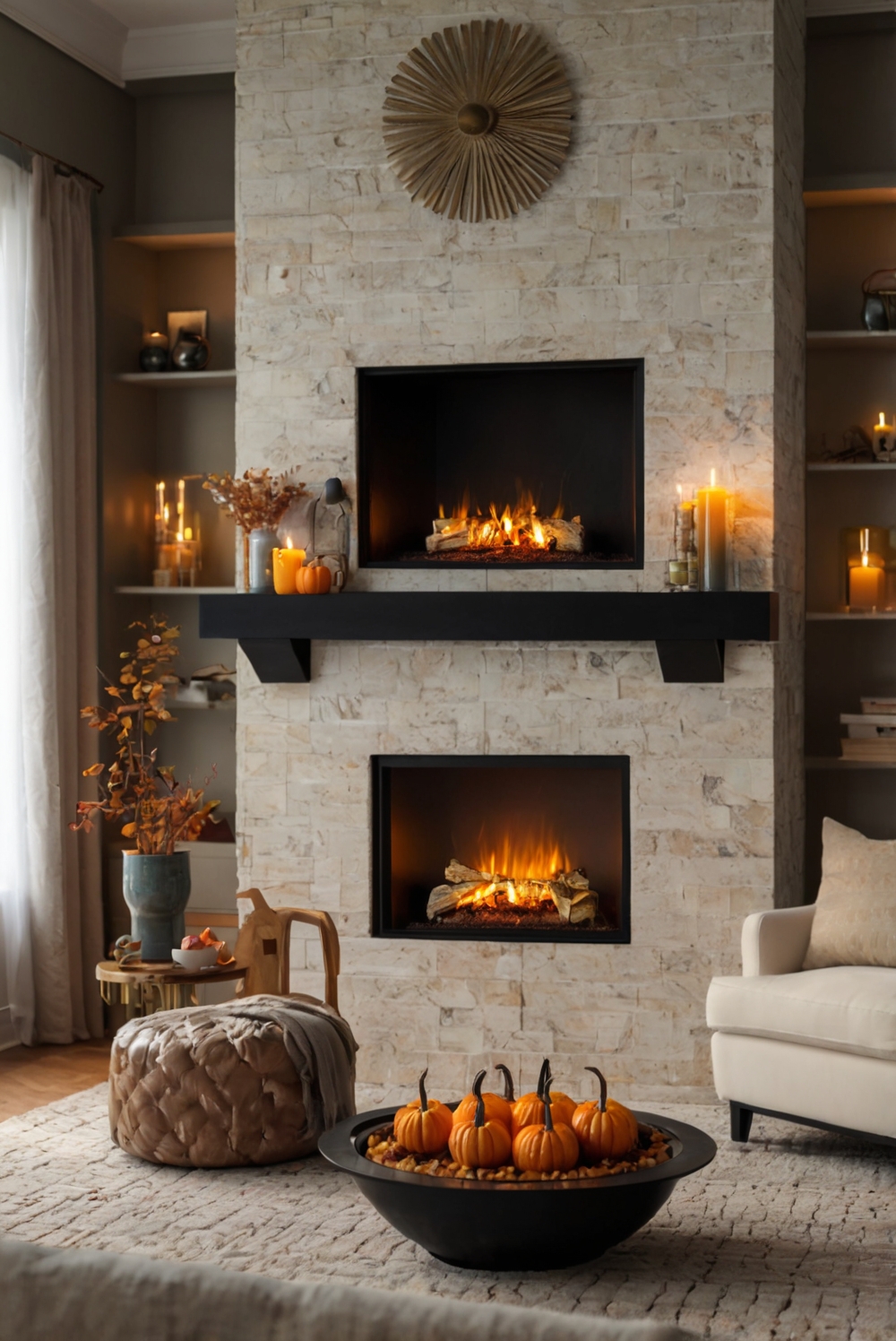 fireplace decor ideas, cozy fall home decor, autumn mantel decor, stylish fireplace accessories, elegant hearth decorations